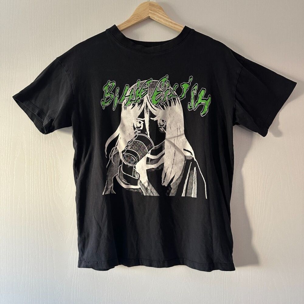 Billie Eillish Anime Portrait‎ with Cup White Print T-Shirt Oversized Size XS